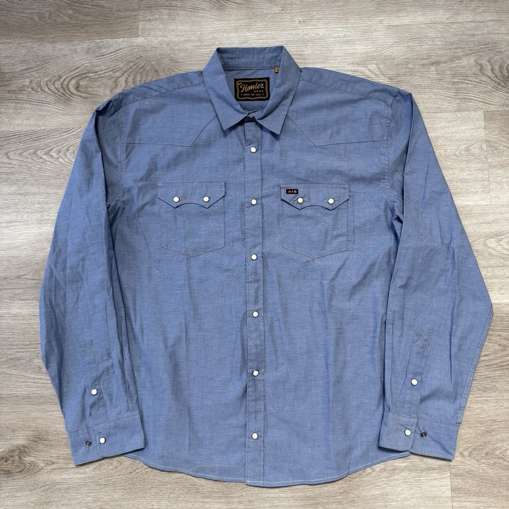 Howler Bros Mens Shirt XL Blue Pearl Snap Gaucho Western Long Sleeve Chambray